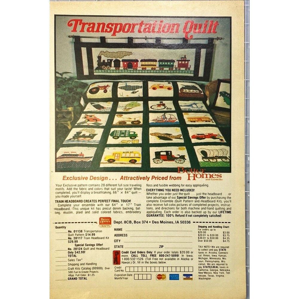 Better Homes & Gardens "Transportation Quilt-Exclusive Design" Vtg Print Ad 1982